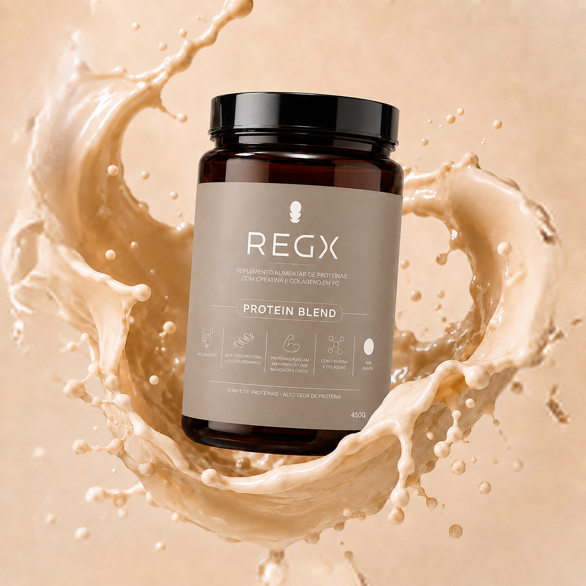 Pote do Protein Blend REGX envolto por um respingo de leite